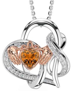 Diamond Citrine Rose Gold Silver Claddagh Infinity Necklace