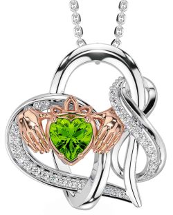 Diamond Peridot Rose Gold Silver Claddagh Infinity Necklace