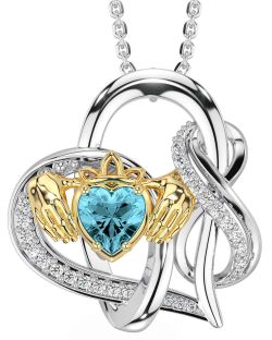 Diamond Aquamarine Gold Silver Claddagh Infinity Necklace