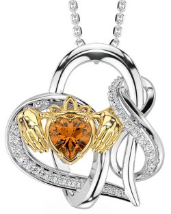 Diamond Citrine Gold Silver Claddagh Infinity Necklace