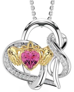 Diamond Pink Tourmaline Gold Silver Claddagh Infinity Necklace