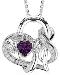 Diamond Alexandrite White Gold Claddagh Infinity Necklace