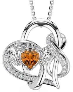 Diamond Citrine White Gold Claddagh Infinity Necklace