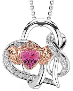 Diamond Pink Tourmaline White Rose Gold Claddagh Infinity Necklace