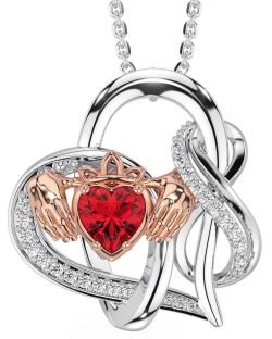 Diamond Ruby White Rose Gold Claddagh Infinity Necklace