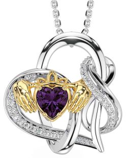 Diamond Alexandrite White Yellow Gold Claddagh Infinity Necklace