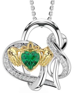 Diamond Emerald White Yellow Gold Claddagh Infinity Necklace