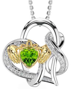 Diamond Peridot White Yellow Gold Claddagh Infinity Necklace