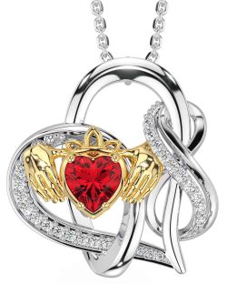 Diamond Ruby White Yellow Gold Claddagh Infinity Necklace