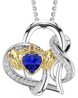 Diamond Sapphire White Yellow Gold Claddagh Infinity Necklace