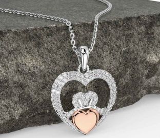 Diamond Rose Gold Silver Claddagh Celtic Heart Necklace