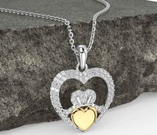 Diamond Gold Silver Claddagh Celtic Heart Necklace