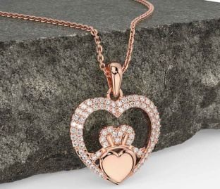 Diamond Rose Gold Silver Claddagh Celtic Heart Necklace