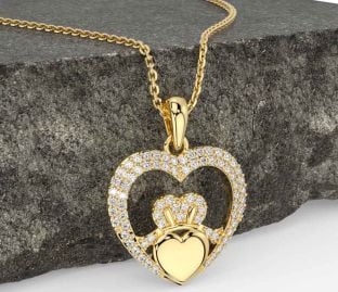 Diamond Gold Silver Claddagh Celtic Heart Necklace