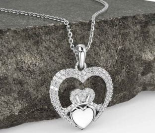 Diamond Silver Claddagh Celtic Heart Necklace