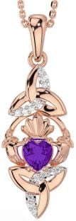 Diamond Amethyst Rose Gold Silver Claddagh Celtic Trinity Knot Necklace