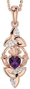 Diamond Alexandrite Rose Gold Silver Claddagh Celtic Trinity Knot Necklace