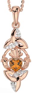 Diamond Citrine Rose Gold Silver Claddagh Celtic Trinity Knot Necklace