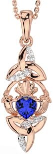 Diamond Sapphire Rose Gold Silver Claddagh Celtic Trinity Knot Necklace