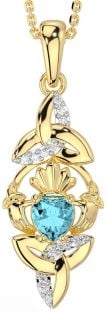 Diamond Aquamarine Gold Silver Claddagh Celtic Trinity Knot Necklace