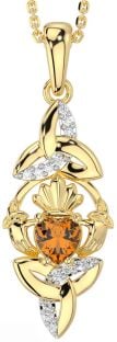 Diamond Citrine Gold Silver Claddagh Celtic Trinity Knot Necklace