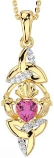 Diamond Pink Tourmaline Gold Silver Claddagh Celtic Trinity Knot Necklace