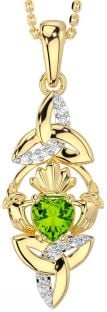 Diamond Peridot Gold Silver Claddagh Celtic Trinity Knot Necklace