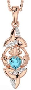 Diamond Aquamarine Rose Gold Claddagh Celtic Trinity Knot Necklace