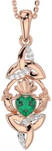 Diamond Emerald Rose Gold Claddagh Celtic Trinity Knot Necklace