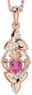 Diamond Pink Tourmaline Rose Gold Claddagh Celtic Trinity Knot Necklace