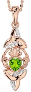 Diamond Peridot Rose Gold Claddagh Celtic Trinity Knot Necklace