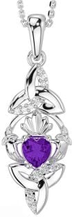 Diamond Amethyst Silver Claddagh Celtic Trinity Knot Necklace