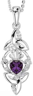 Diamond Alexandrite Silver Claddagh Celtic Trinity Knot Necklace