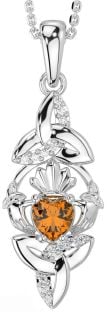 Diamond Citrine Silver Claddagh Celtic Trinity Knot Necklace