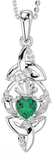 Diamond Emerald Silver Claddagh Celtic Trinity Knot Necklace