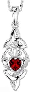 Diamond Garnet Silver Claddagh Celtic Trinity Knot Necklace