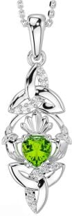 Diamond Peridot Silver Claddagh Celtic Trinity Knot Necklace