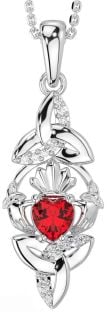 Diamond Ruby Silver Claddagh Celtic Trinity Knot Necklace