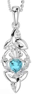 Diamond Aquamarine White Gold Claddagh Celtic Trinity Knot Necklace