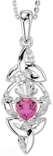 Diamond Pink Tourmaline White Gold Claddagh Celtic Trinity Knot Necklace