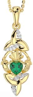 Diamond Emerald Gold Claddagh Celtic Trinity Knot Necklace