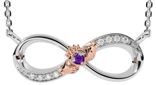 Diamond Amethyst Rose Gold Silver Claddagh Infinity Necklace