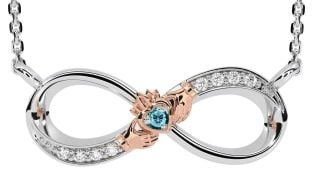 Diamond Aquamarine Rose Gold Silver Claddagh Infinity Necklace