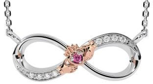 Diamond Pink Tourmaline Rose Gold Silver Claddagh Infinity Necklace