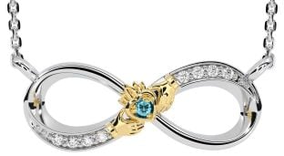 Diamond Aquamarine Gold Silver Claddagh Infinity Necklace