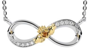 Diamond Citrine Gold Silver Claddagh Infinity Necklace