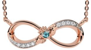 Diamond Aquamarine Rose Gold Silver Claddagh Infinity Necklace