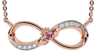 Diamond Pink Tourmaline Rose Gold Silver Claddagh Infinity Necklace