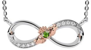 Diamond Peridot Rose Gold Silver Claddagh Infinity Necklace