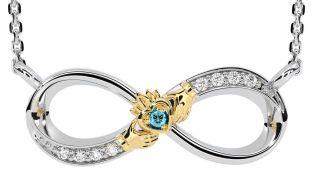 Diamond Aquamarine Gold Silver Claddagh Infinity Necklace